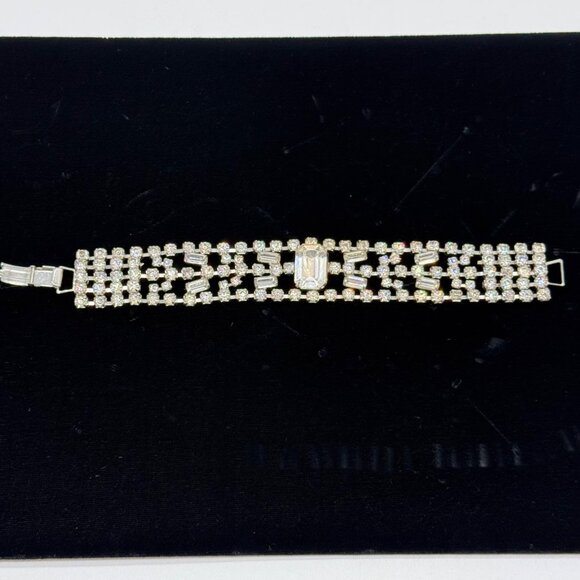 Vtg Clear Rhinestone Silver Tone Wide Bracelet Emerald Cut Center Stone Baguette - Picture 1 of 12
